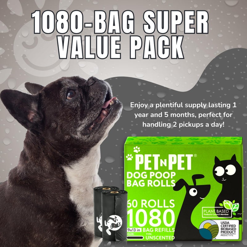 PET N PET حقائب فضلات الكلاب السوداء من بيت ن بيت 1080 عدداً، 41% مصنوعة من النباتات و59% من البولي إيثيلين، رولز سميكة جداً، 9" × 13"، بدون رائحة - Image 4